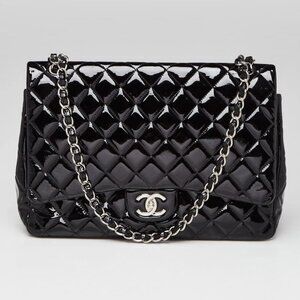 Chanel Black Quilted Patent Leather Classic Maxi Double Flap Bag